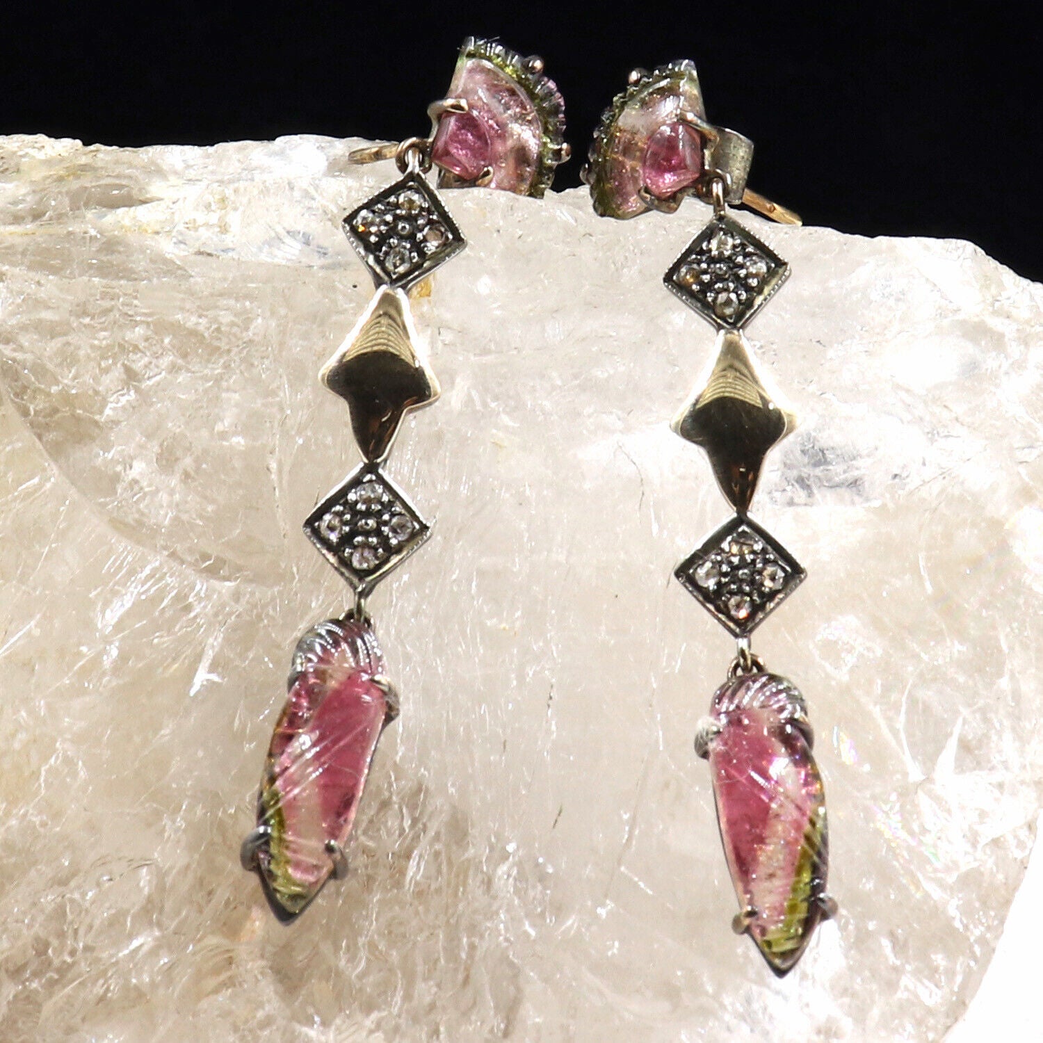 Estate Natural Multi Tourmaline Carved Diamond 18K Gold Silver Victorian Earring