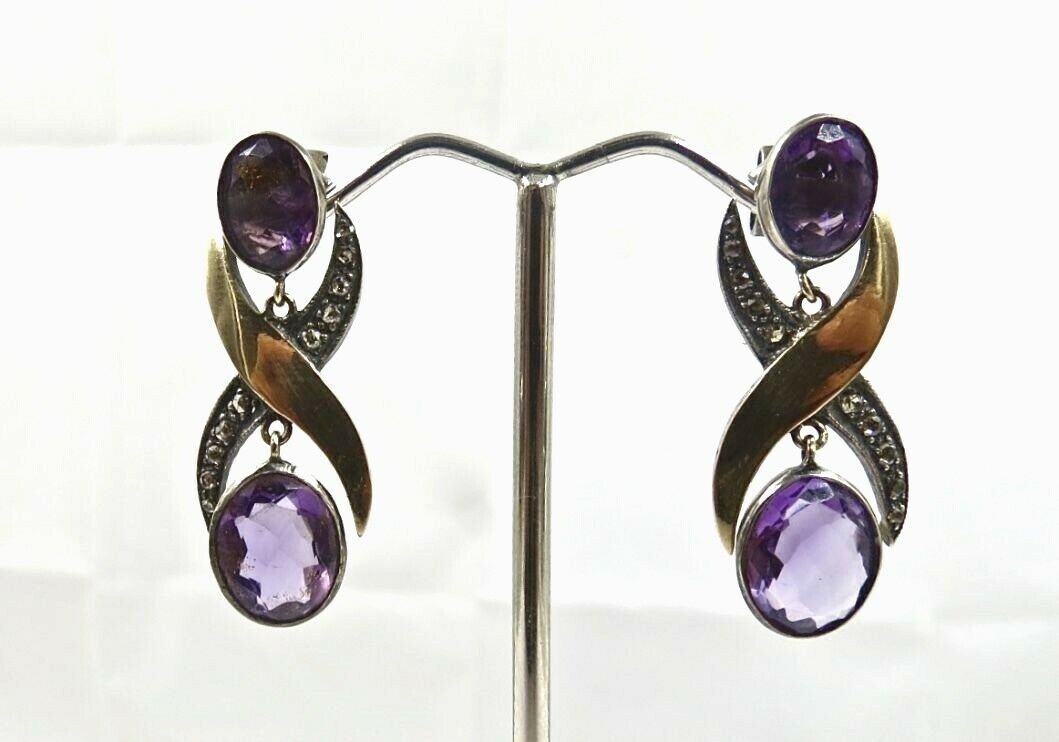 Natural Amethyst Cut Diamond 18K Gold 925 Silver Gemstone Fine Victorian Earring