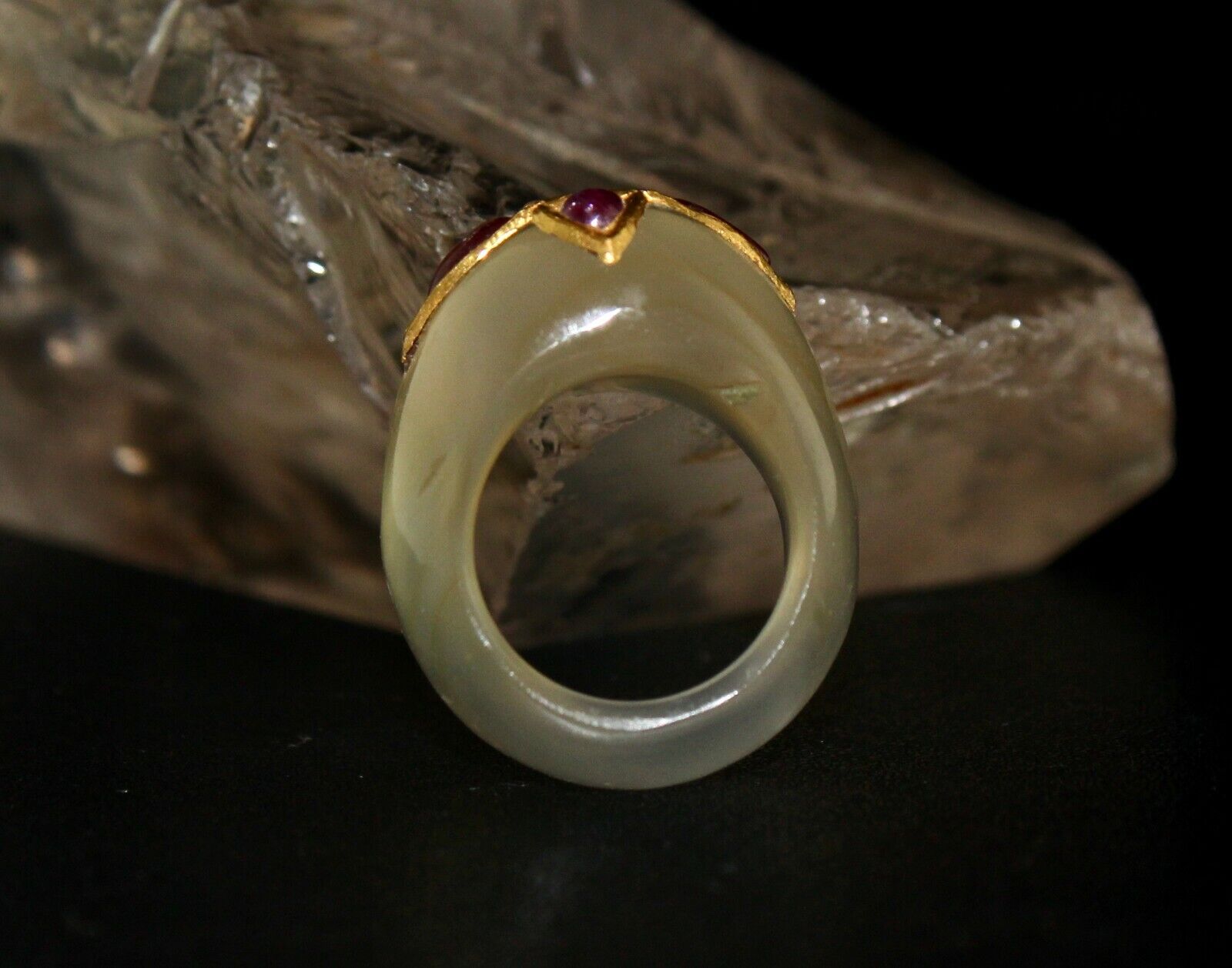 ANTIQUE YELLOW CHALCEDONY GEMSTONE RUBY DIAMOND 22K GOLD CLASSIC STONE RING