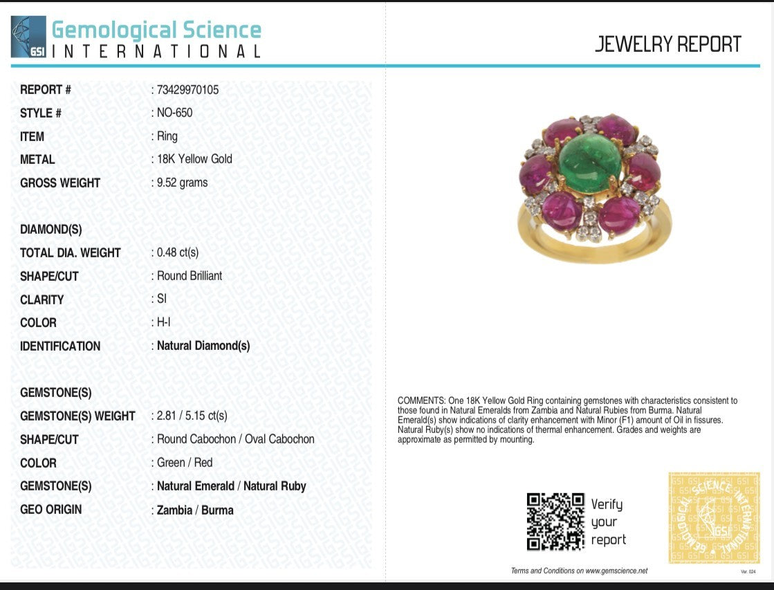Certified Natural Emerald Burma Ruby Cabochon Diamond Gold Party Ring