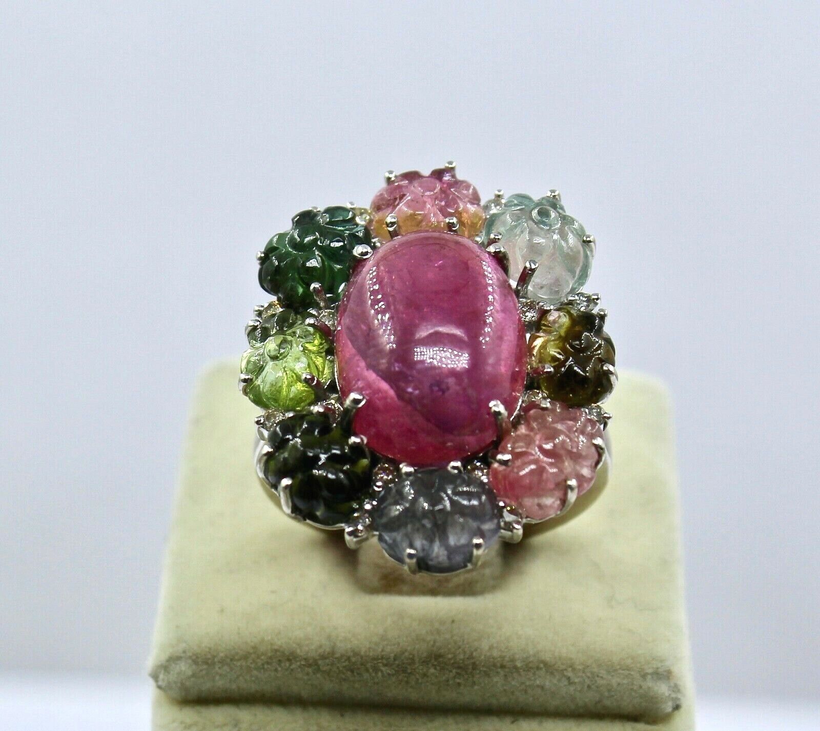 MULTI COLOR TOURMALINE CARVED FLOWER DIAMOND RING IN 925 STERLING SILVER
