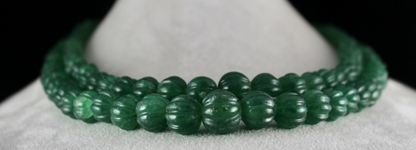 Natural Green Quartz 1034 Ct Melon Beaded Necklace, Carved Gemstone, 2 Line