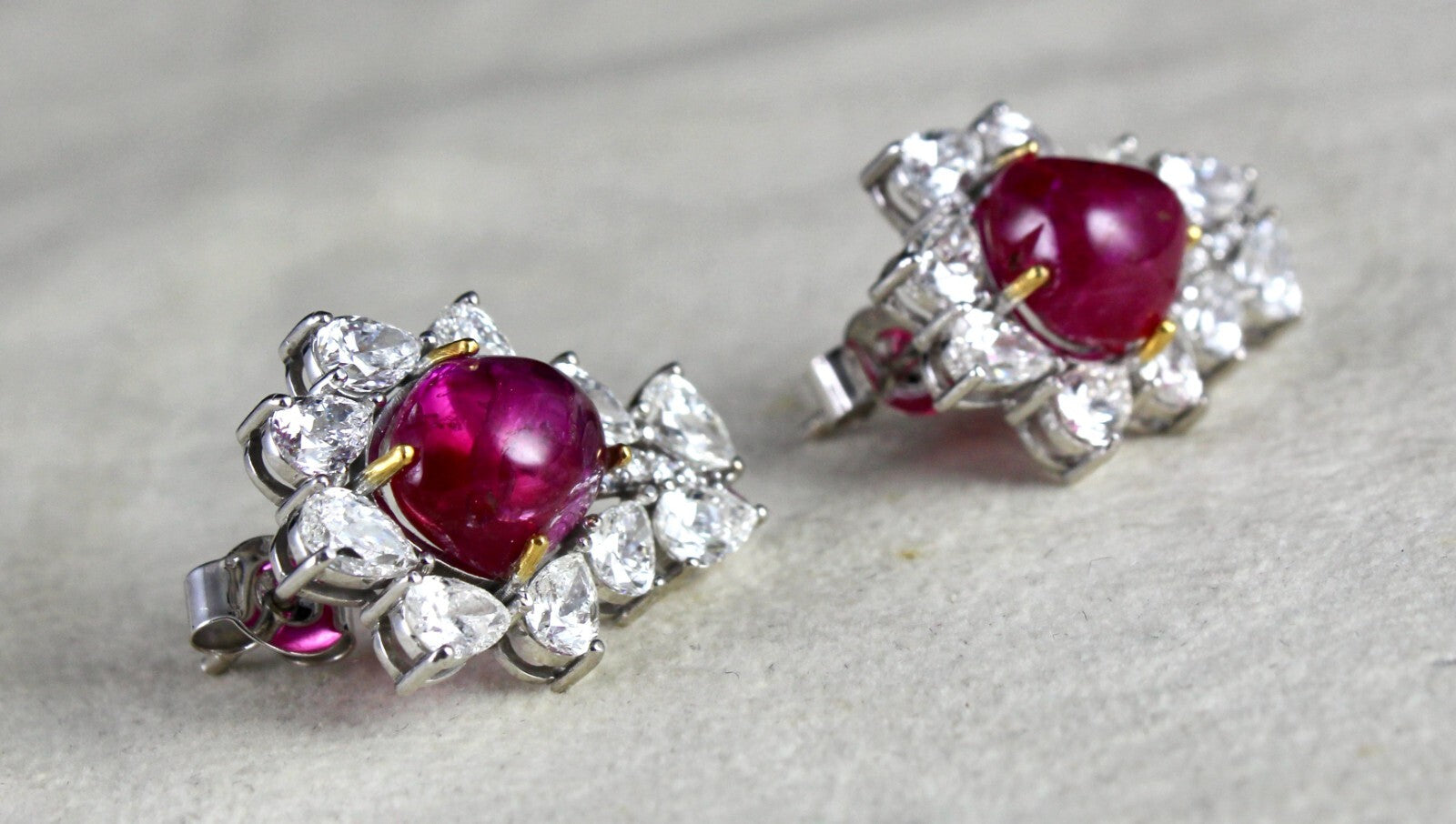 Certified 18k Gold Natural Diamond Burma Ruby Cabochon Stud Earrings 33.9ct