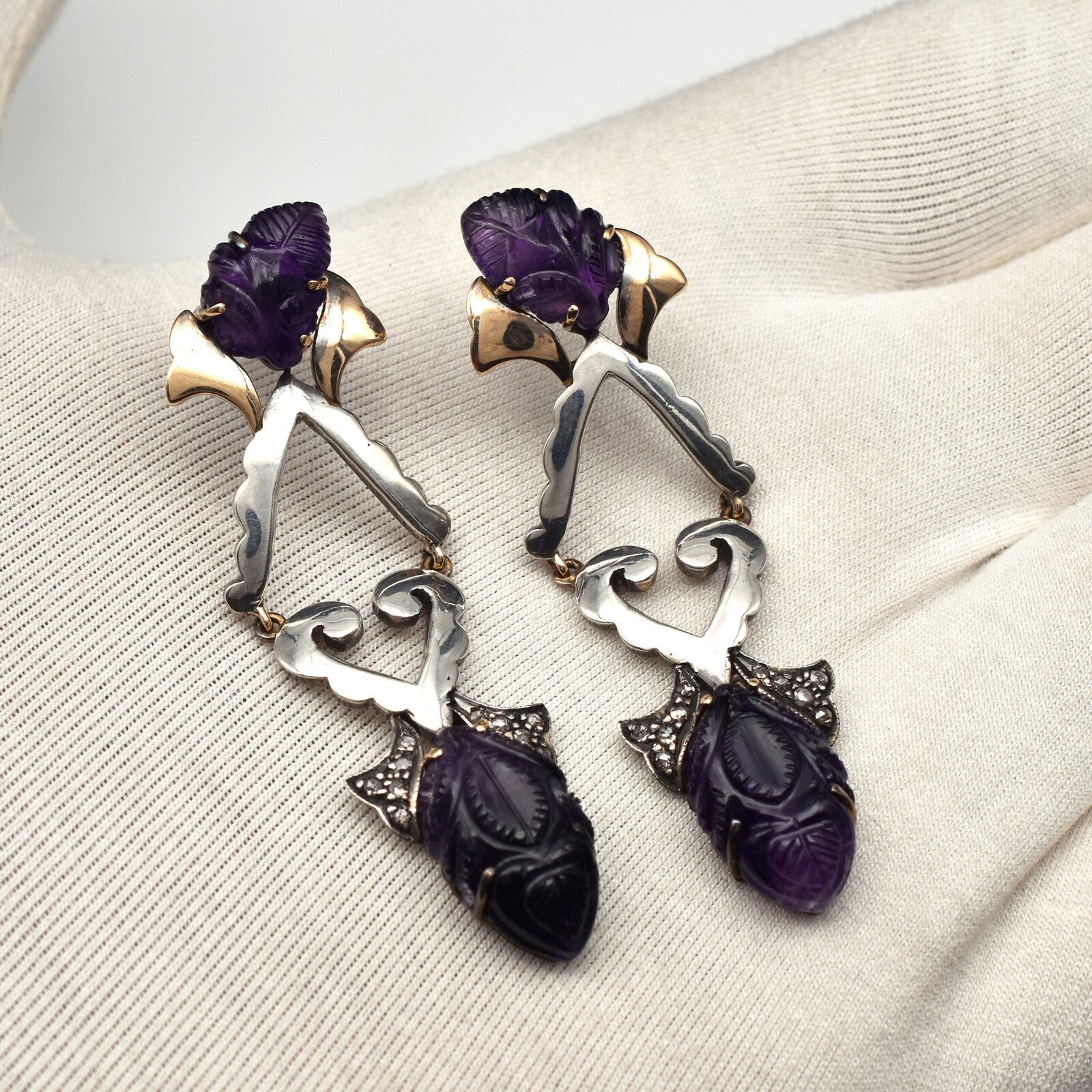 Natural Amethyst Diamond 10ct 18k Gold Sterling Silver Victorian Dangle Earrings