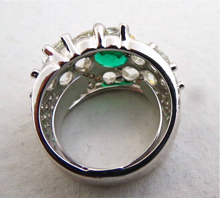 TOP NATURAL ZAMBIAN EMERALD ROUND CUT ROSE CUT DIAMOND 18K GOLD STATEMENT RING
