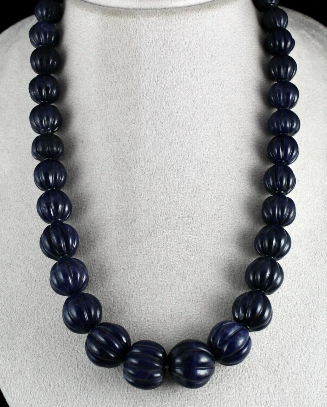 Natural Blue Jade 1001 Carats Carved Beads Sterling Silver Necklace