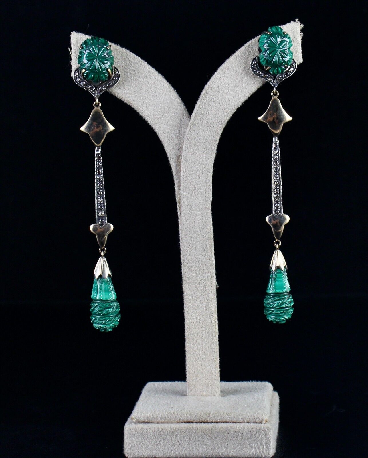 NATURAL MALACHITE CARVED DIAMOND SILVER 18K GOLD VICTORIAN PENDANT EARRING SET