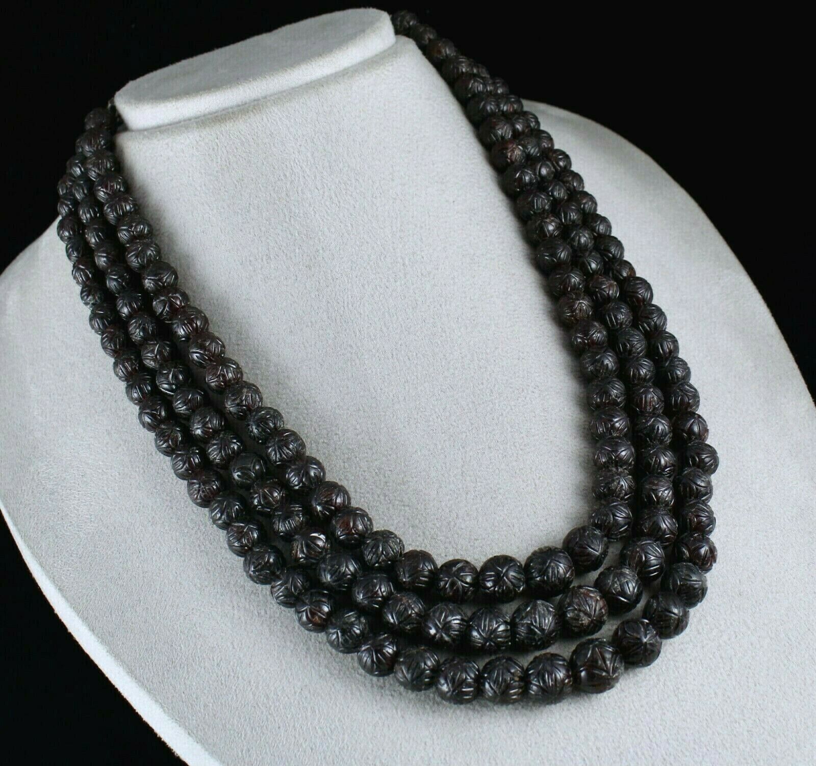 NATURAL RED GARNET CARVED BEADS 3 LINE 1686 CARATS GEMSTONE OLD SILVER NECKLACE