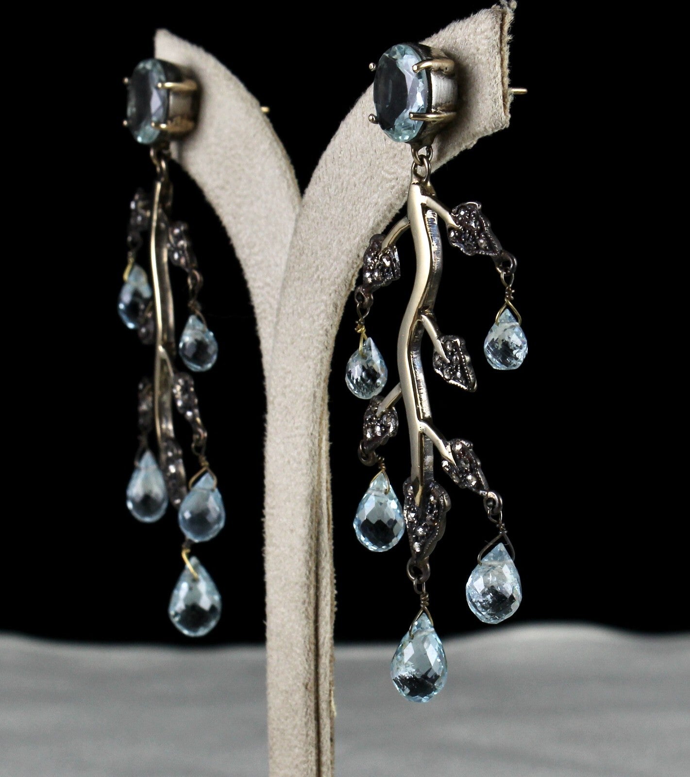 Certified Natural Diamond Blue Aquamarine 71.5ct Sterling Silver Gold Earrings