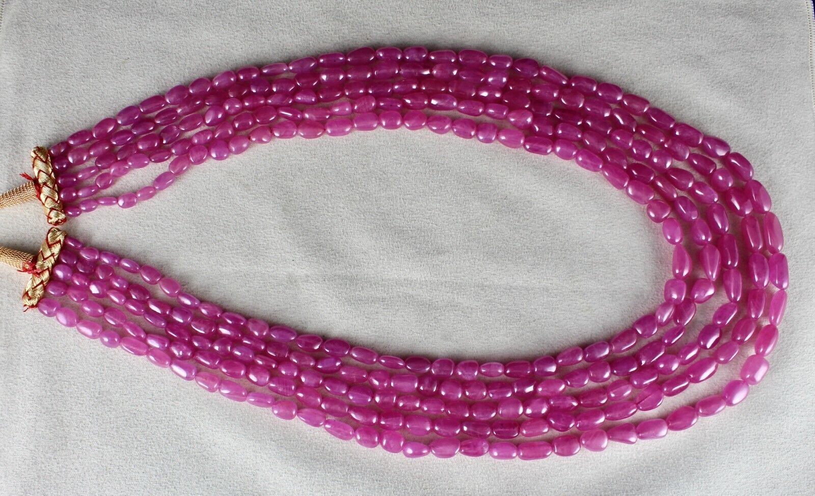 NATURAL UNTREATED RUBY LONG BEADS 5 LINE 1046 CARATS LADIES GEMSTONE NECKLACE