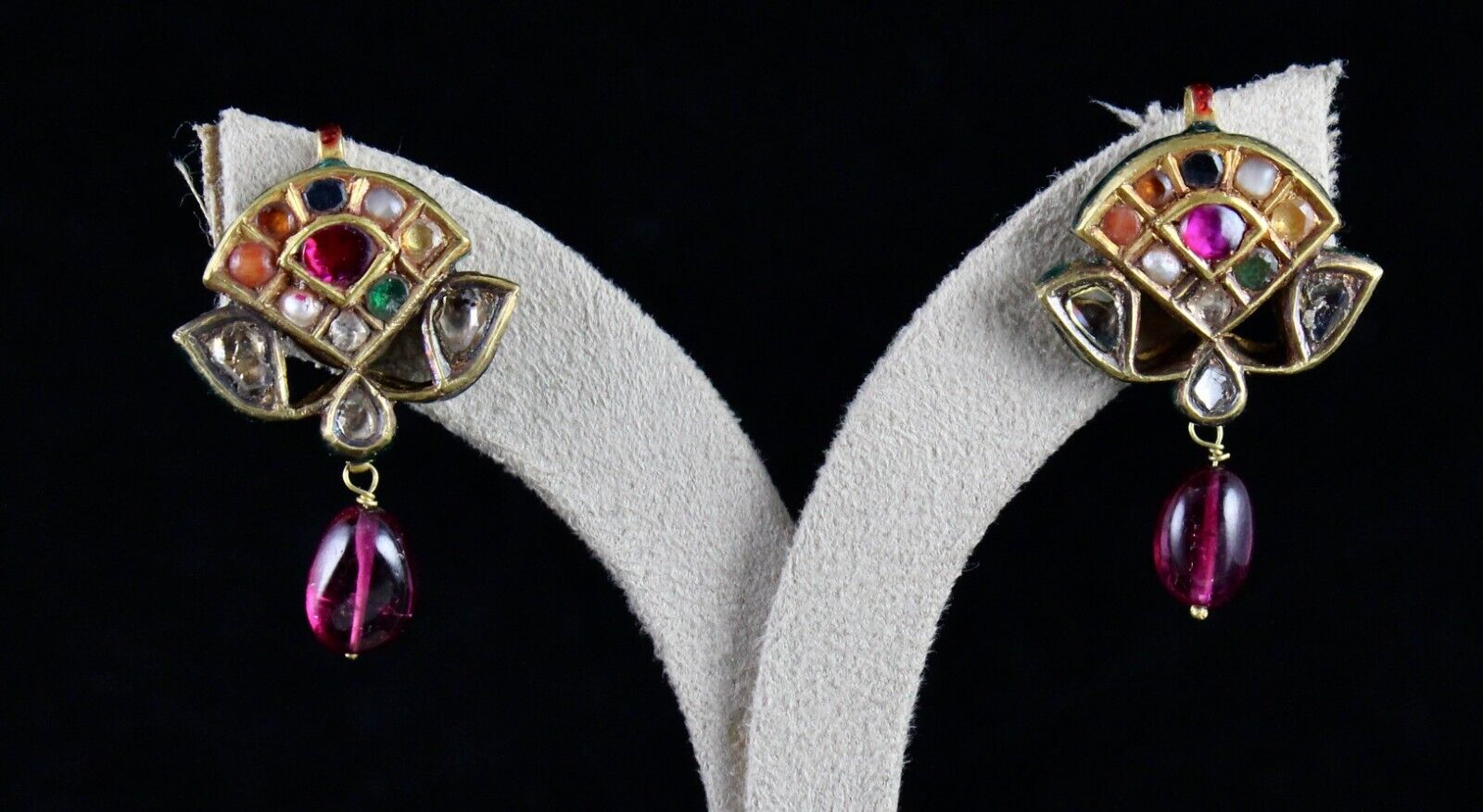 Fine Diamond Cut Navratan Stone 22k Yellow Gold Jadau Indian Style Stud Earring