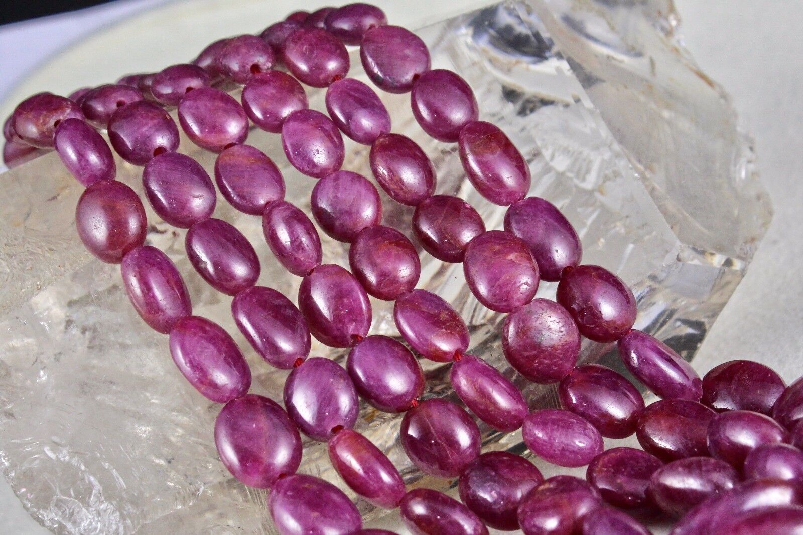 NATURAL UNTREATED RED RUBY BEADS CABOCHON 3 LINE 595 CARATS GEMSTONE NECKLACE