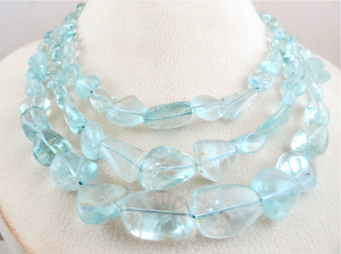 NATURAL BLUE TOPAZ BEADS TUMBLE 3 LINE 860 CARATS GEMSTONE BEADED FINE NECKLACE