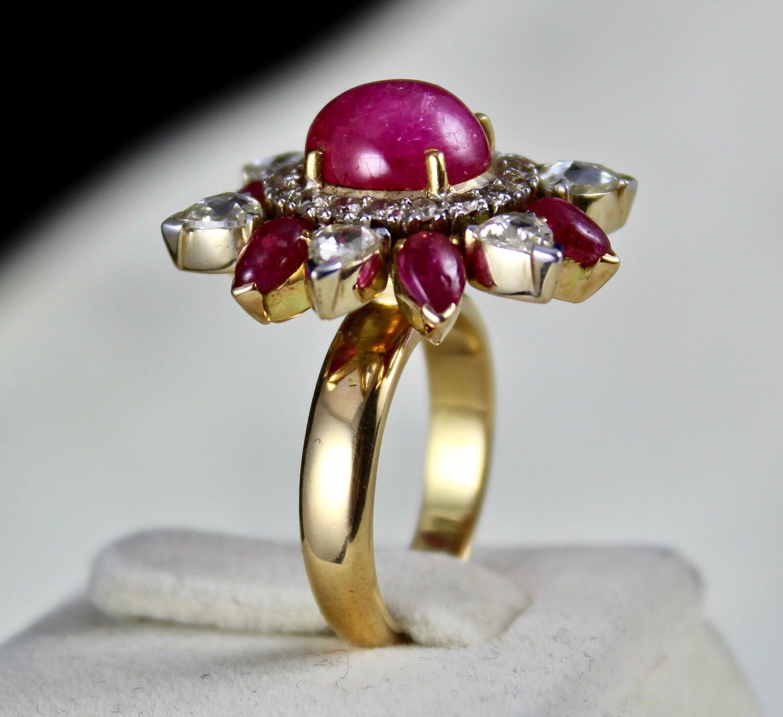 Natural Ruby Cabochon Rose Cut Diamond 18K Yellow Gold Unique Cocktail Ring