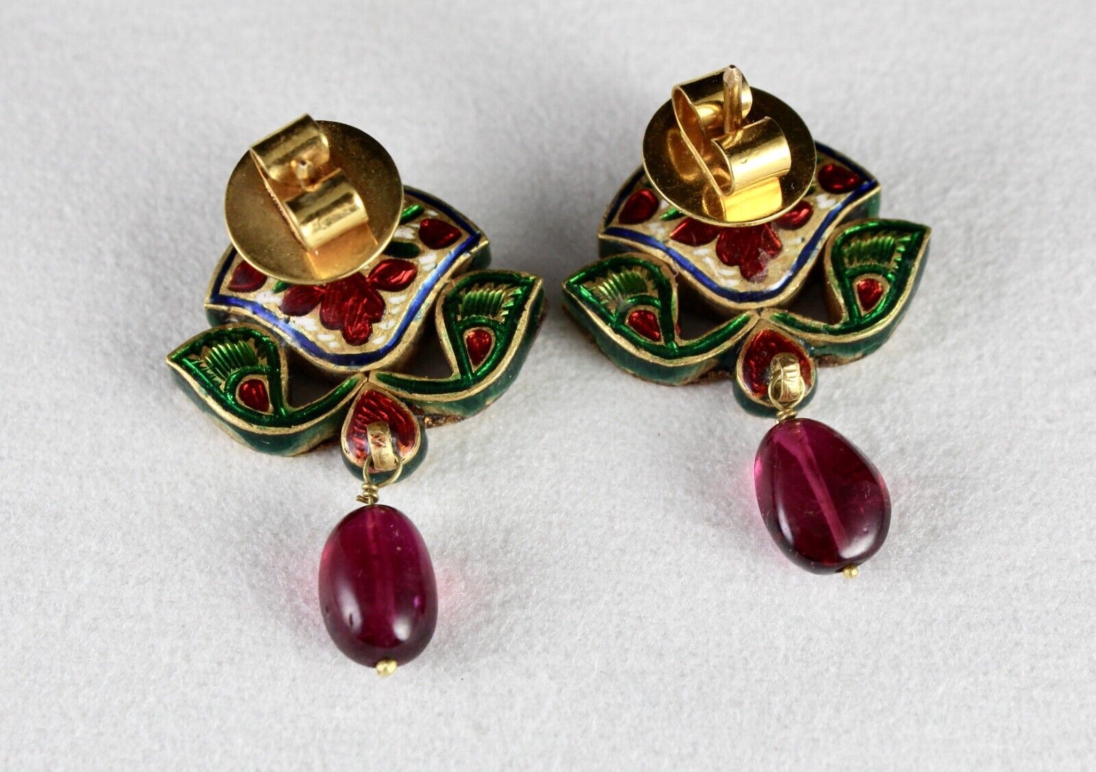 Fine Diamond Cut Navratan Stone 22k Yellow Gold Jadau Indian Style Stud Earring