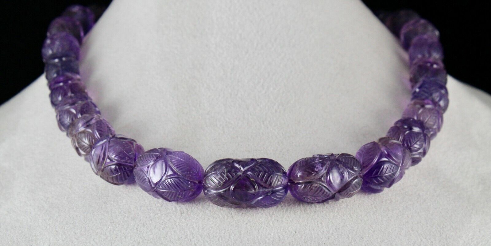 NATURAL AMETHYST ENGRAVED BEADS 955 CT PURPLE GEMSTONE SILVER VINTAGE NECKLACE