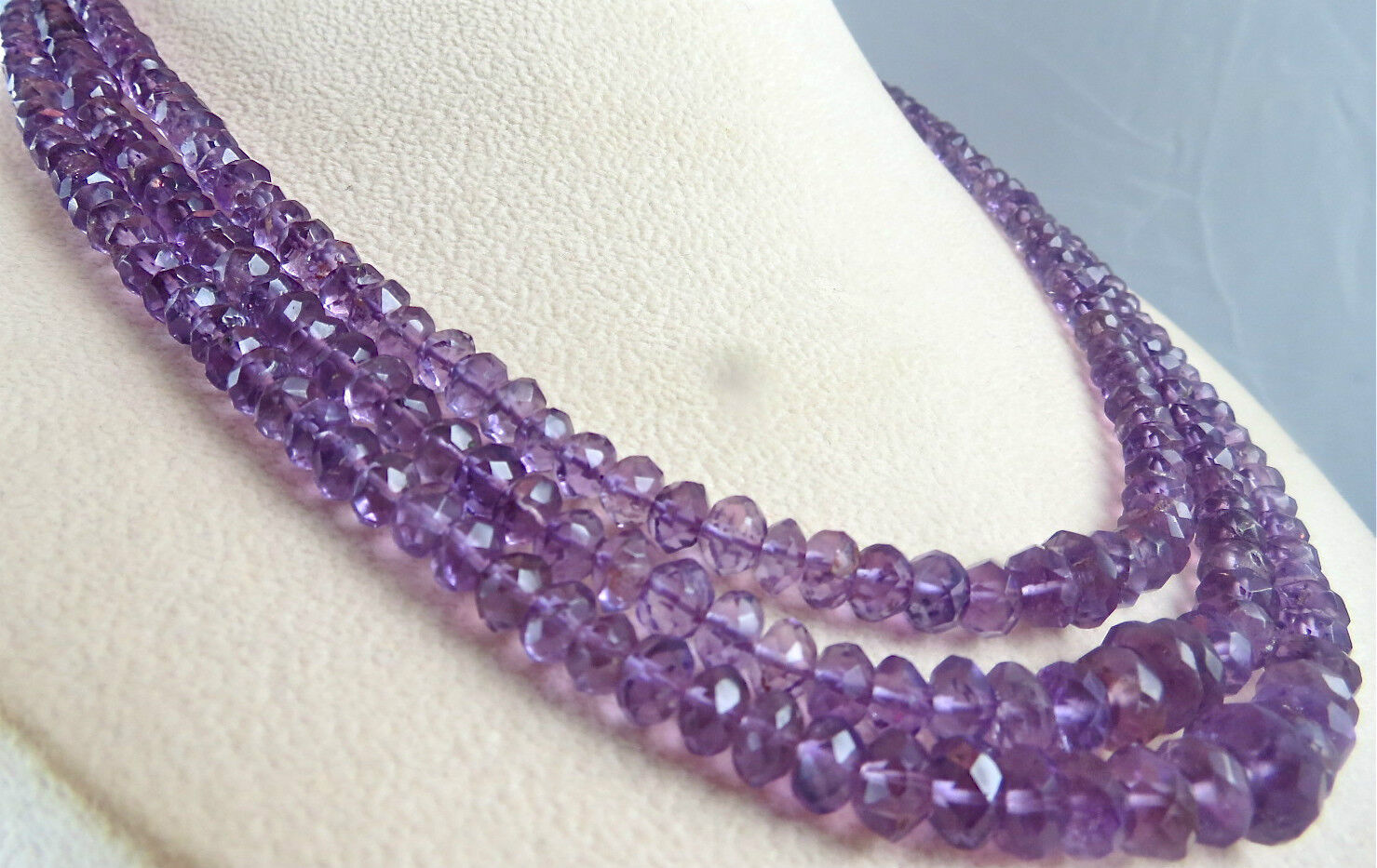 NATURAL AMETHYST BEADS FACETED ROUND 3 LINE 375 CARATS GEMSTONE FASHION NECKLACE