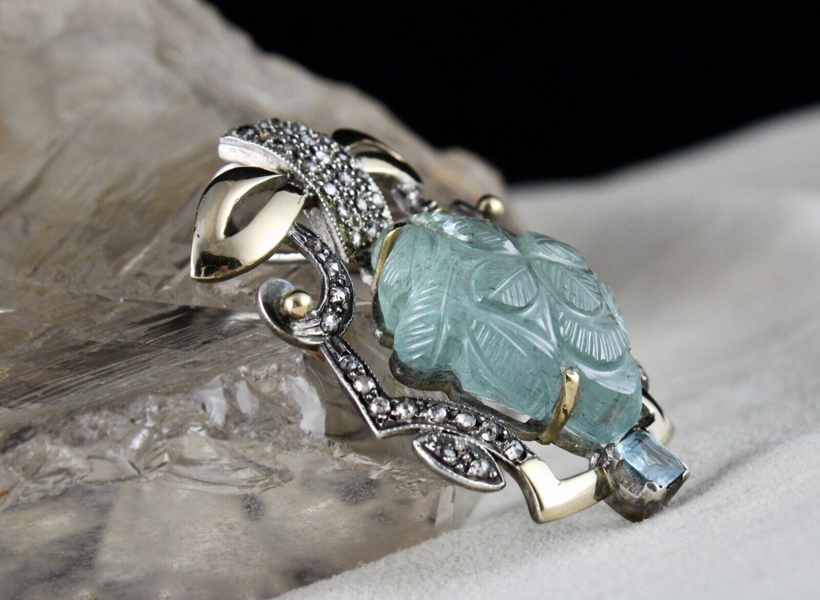 Natural Blue Aquamarine Carved Diamond 18K Gold 925 Silver Victorian Pendant