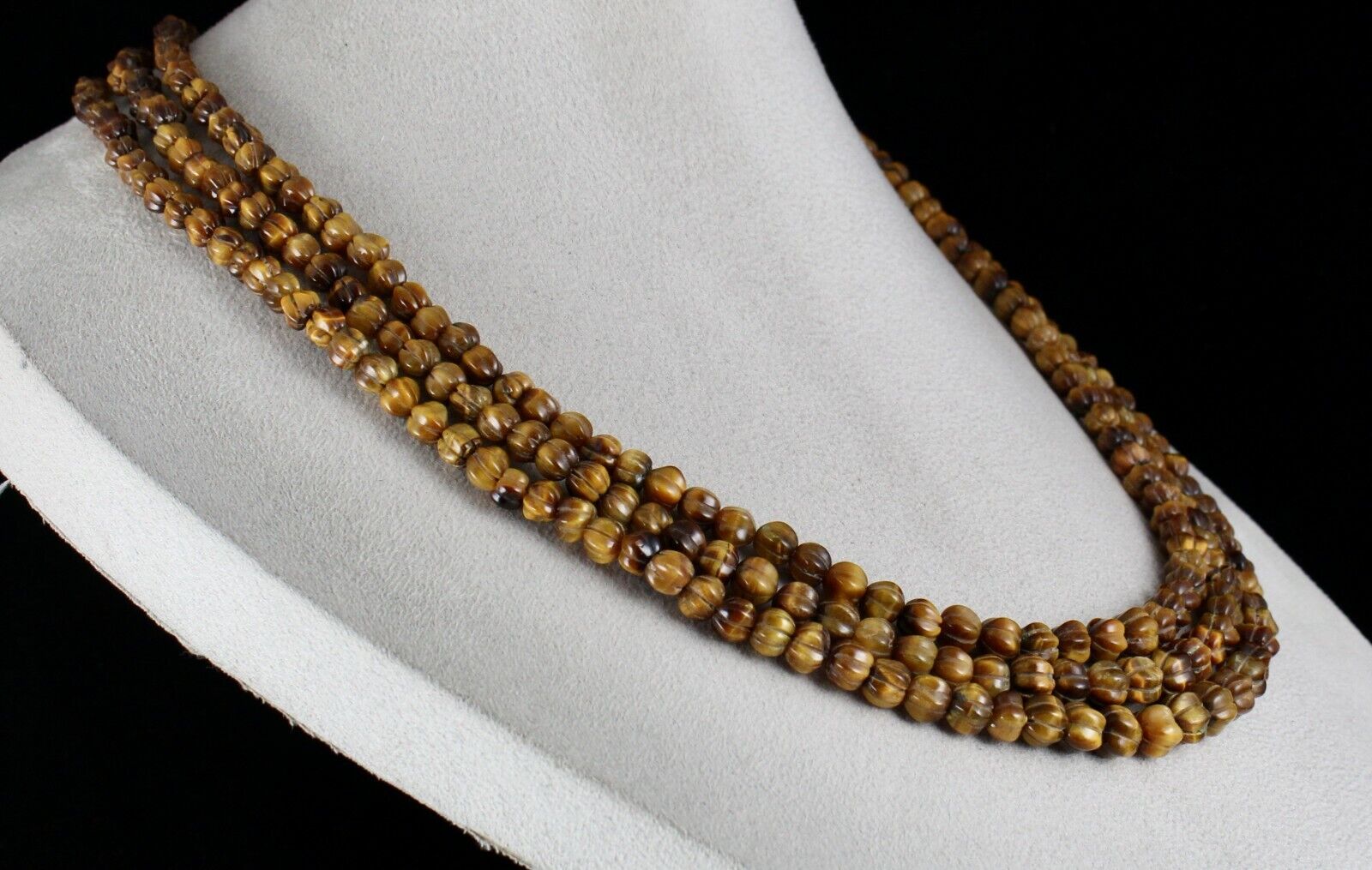 NATURAL TIGER EYE BEADS CARVED 3 LINE 593 CTS GEMSTONE LADIES ANTIQUE NECKLACE