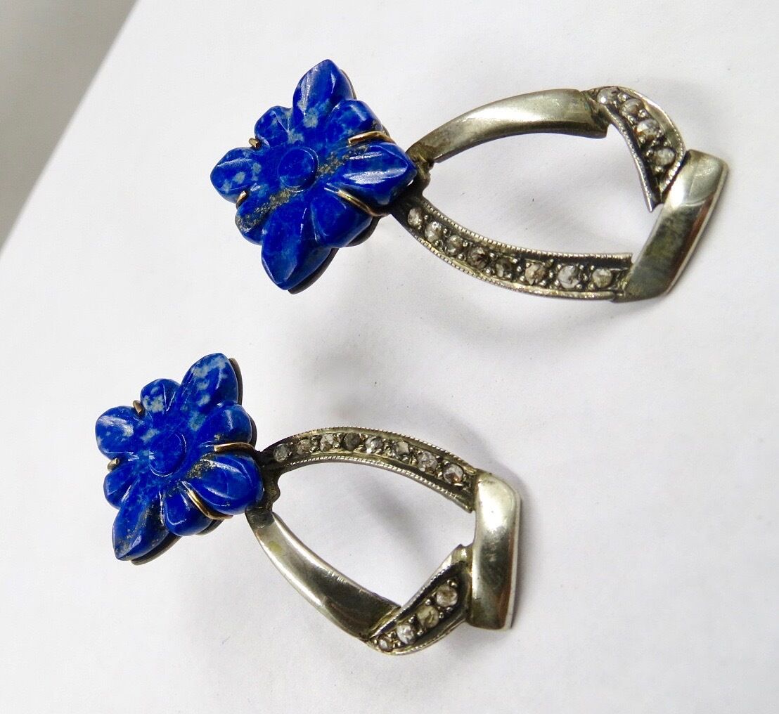 Natural Lapis Lazuli Carved Flower Diamond 18K Gold Silver Victorian Earring