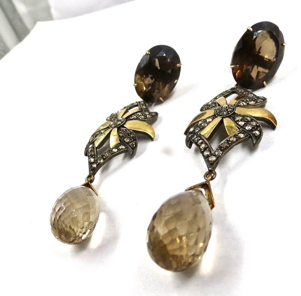 NATURAL SMOKY QUARTZ CUT GEMSTONE DIAMOND 18K GOLD VICTORIAN SILVER EARRING