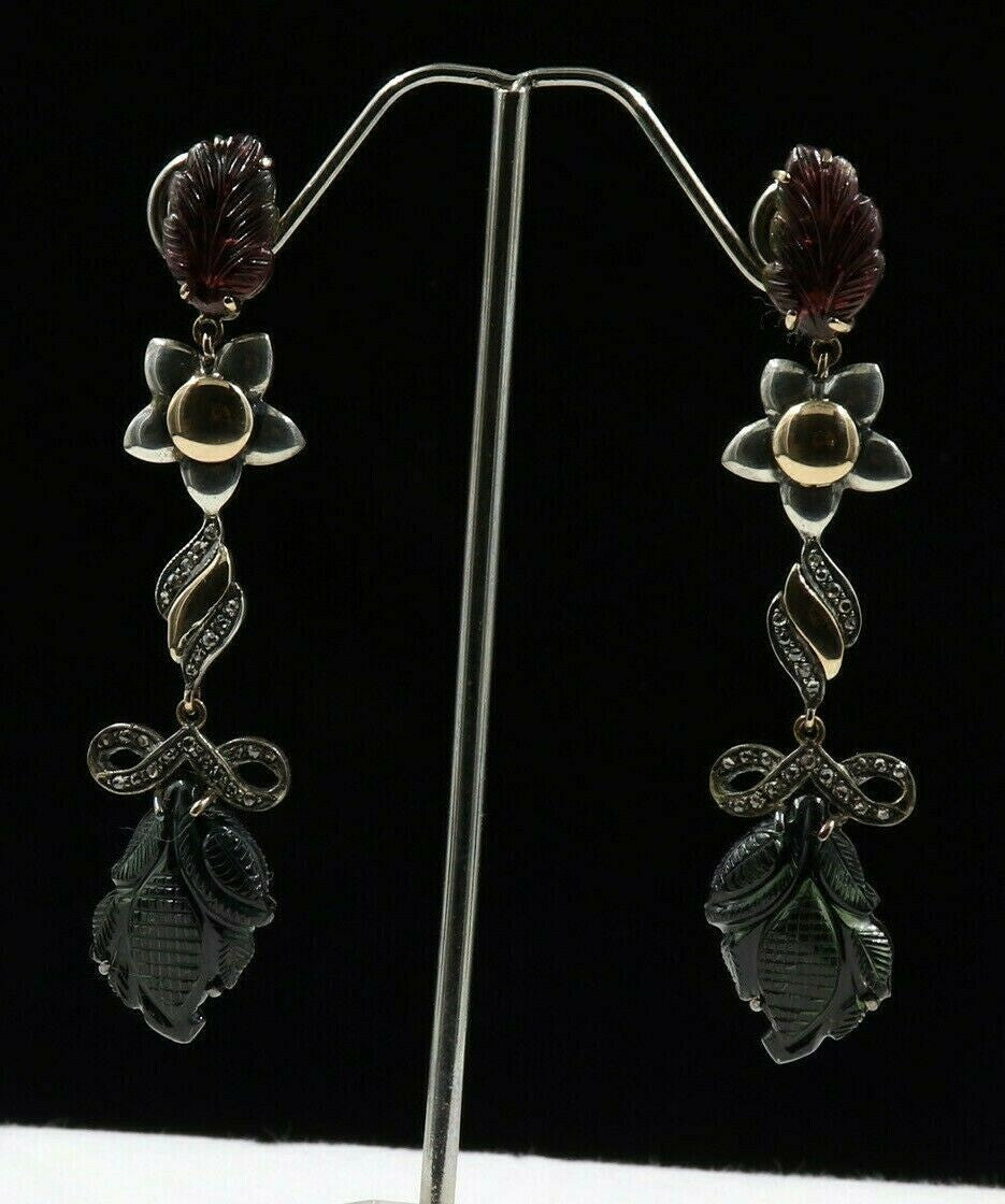 Natural Multi Tourmaline 87.75ct Carved Diamond 18k Gold Sterling Silver Earring