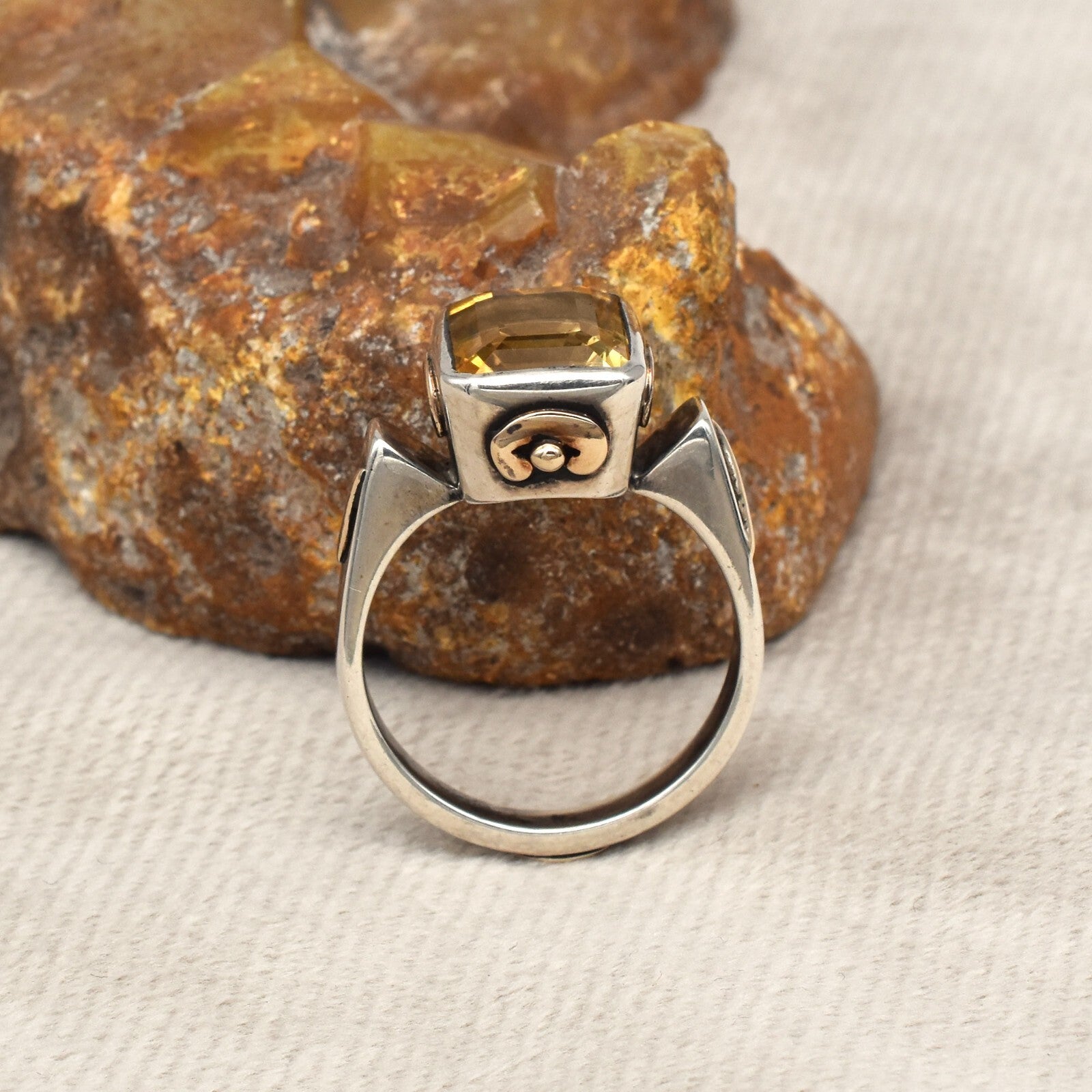 Natural Yellow Citrine 10ct Sterling Silver 18k Gold Vintage Victorian Ring