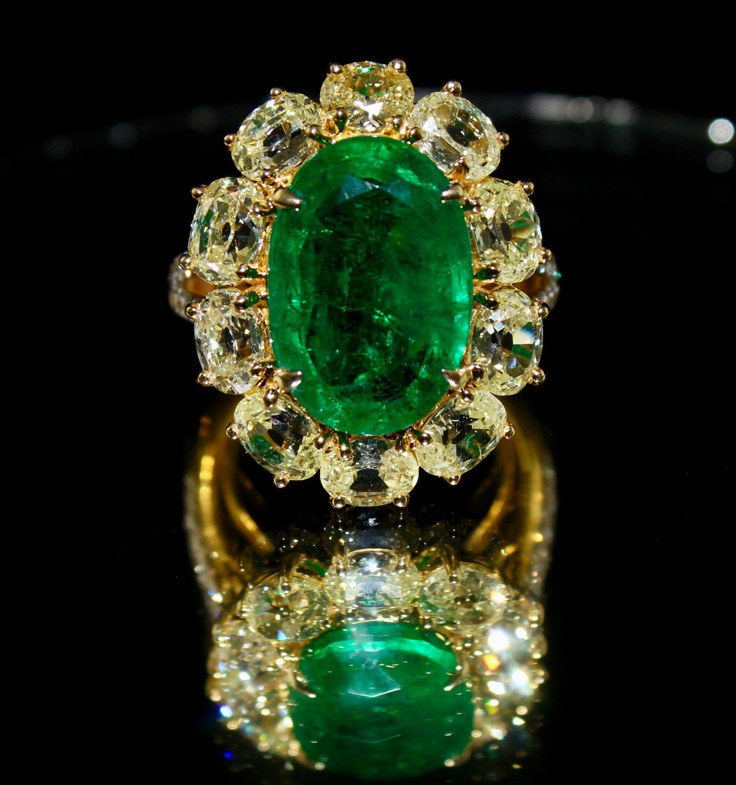 Certified Natural Emerald, Yellow & White Diamond Ring 18K Gold | 7.42 Ct Stone