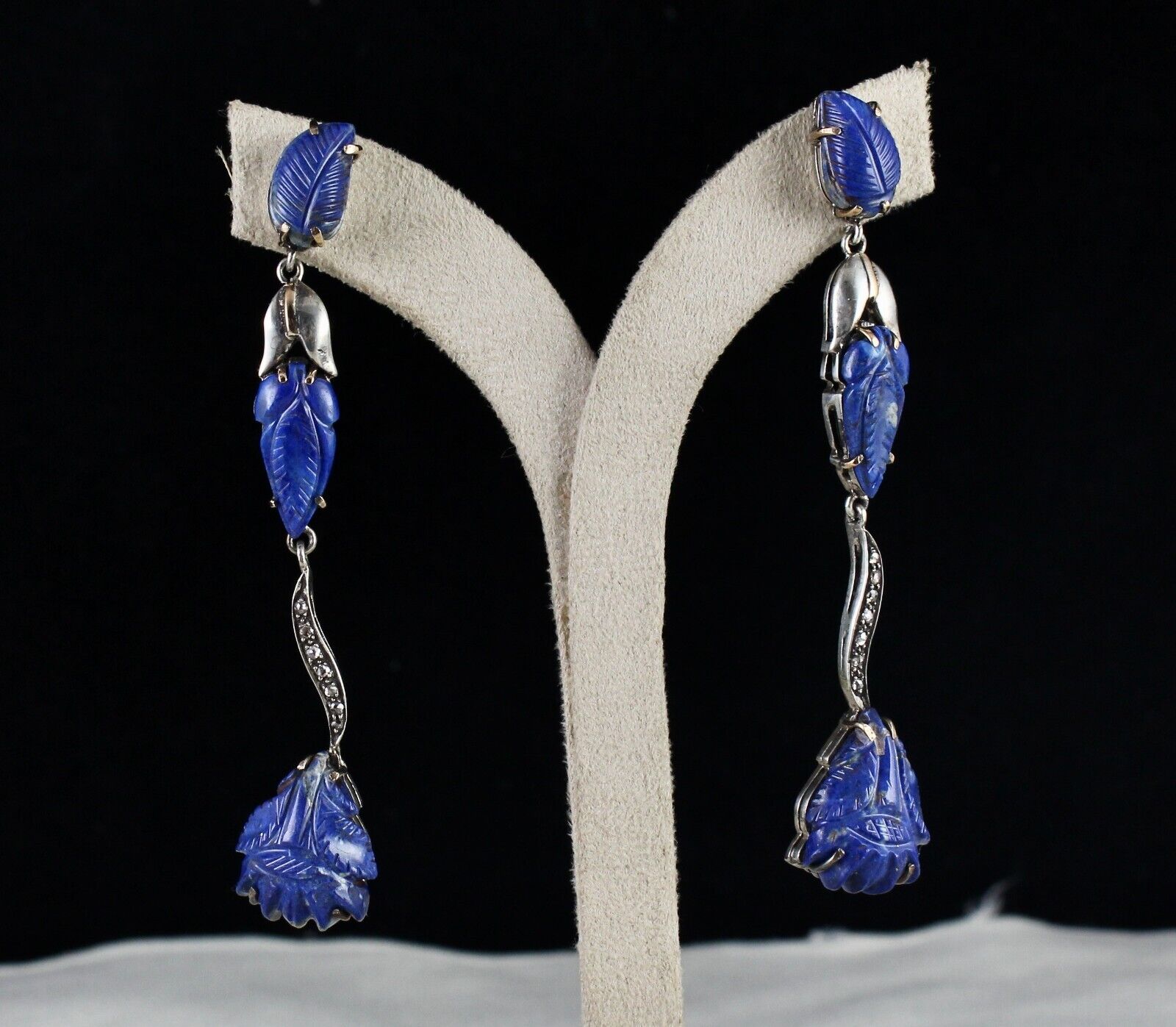 NATURAL LAPIS LAZULI CARVED LEAF DIAMOND 18K GOLD 925 SILVER VICTORIAN EARRING