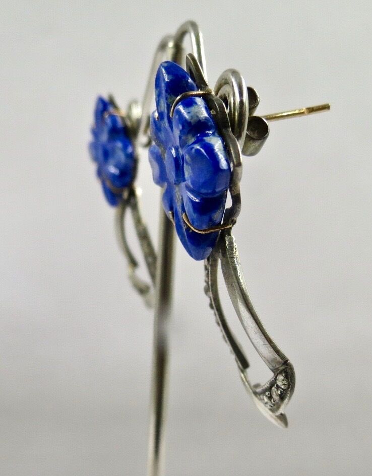 Natural Lapis Lazuli Carved Flower Diamond 18K Gold Silver Victorian Earring