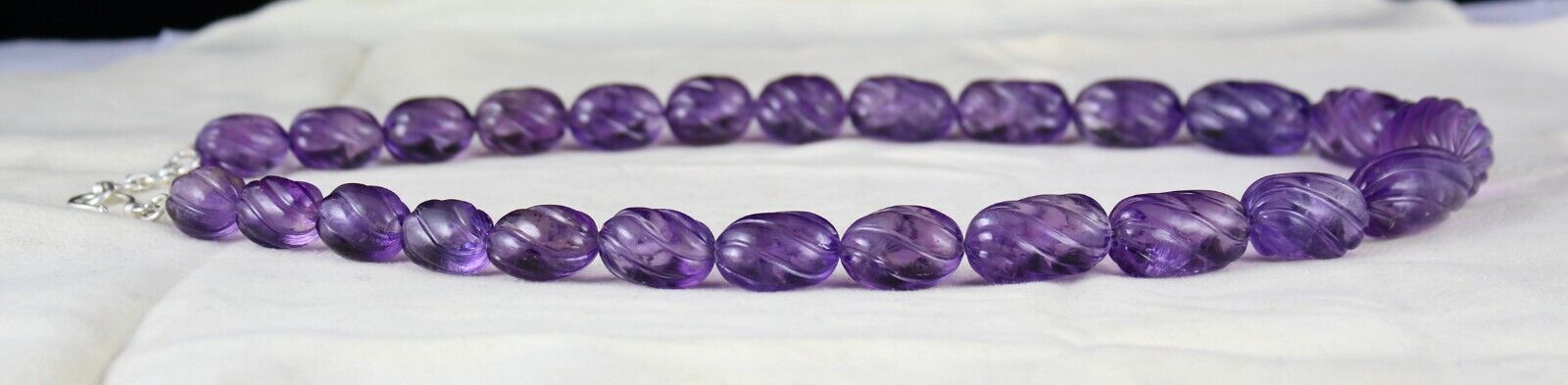 Natural Amethyst Beads Carved Oval Melon 737 Ct Gemstone Silver Vintage Necklace