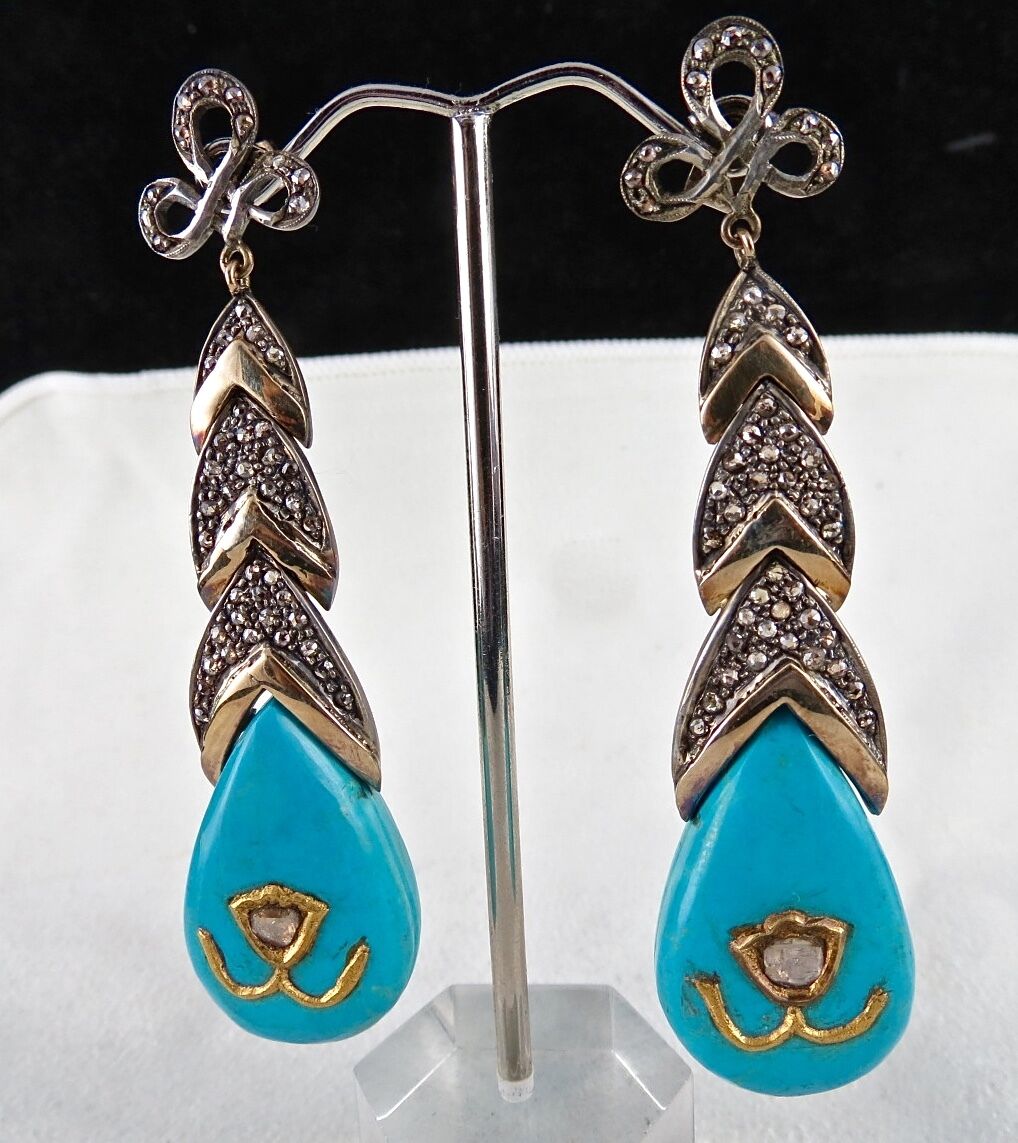 FINEST TURQUOISE DIAMOND 18K GOLD 925 SILVER JADAU GEMSTONE VICTORIAN EARRING
