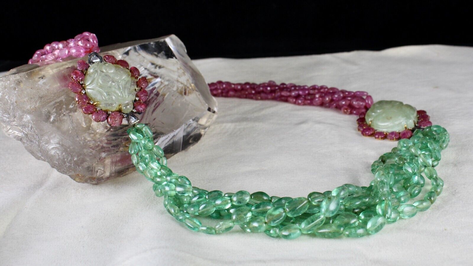 NATURAL COLOMBIAN EMERALD PINK SAPPHIRE BEADS CARVED GEMSTONE 18K GOLD NECKLACE