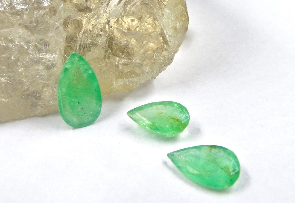 Certified Natural Colombian Emerald Pear Cut 3 Pc 7.80 Ct Set In Sterling Silver