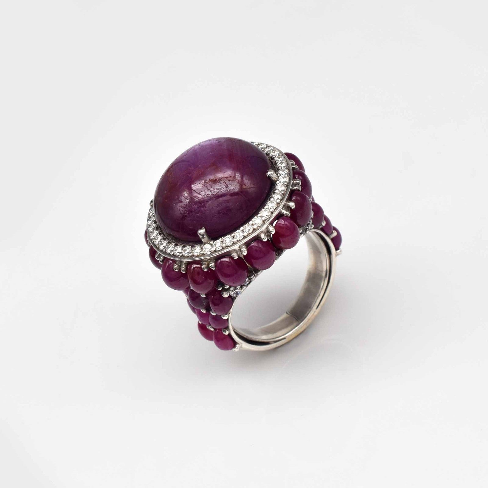 Natural Ruby Star Cabochon Cubic Zirconia Red Gemstone Silver Cocktail Ring