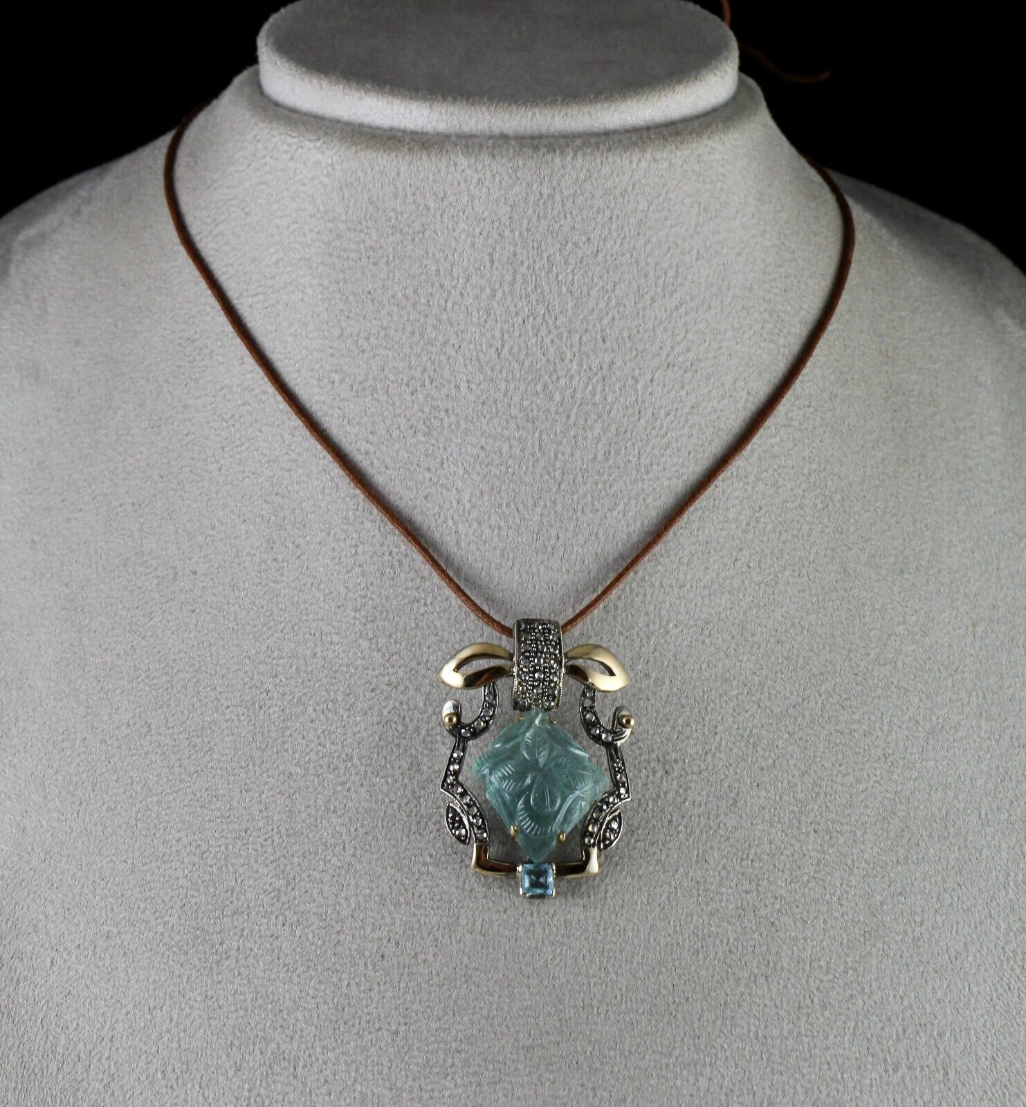 Natural Blue Aquamarine Carved Diamond 18K Gold 925 Silver Victorian Pendant