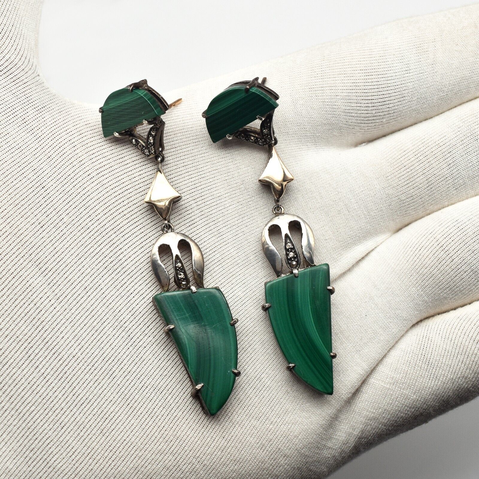 Vintage Natural Green Malachite Diamond Silver 18K Gold Victorian Dangle Earring