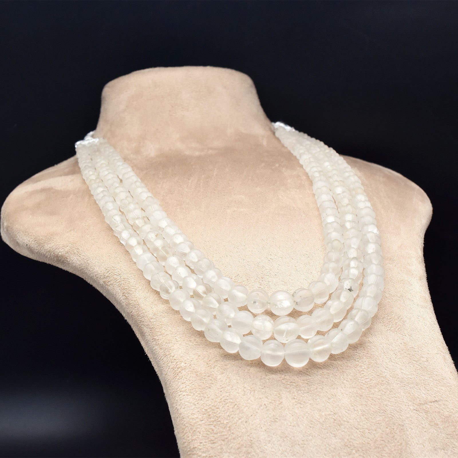 Natural Rock Crystal Quartz 626 Ct Carved Melon Frost Beads Necklace