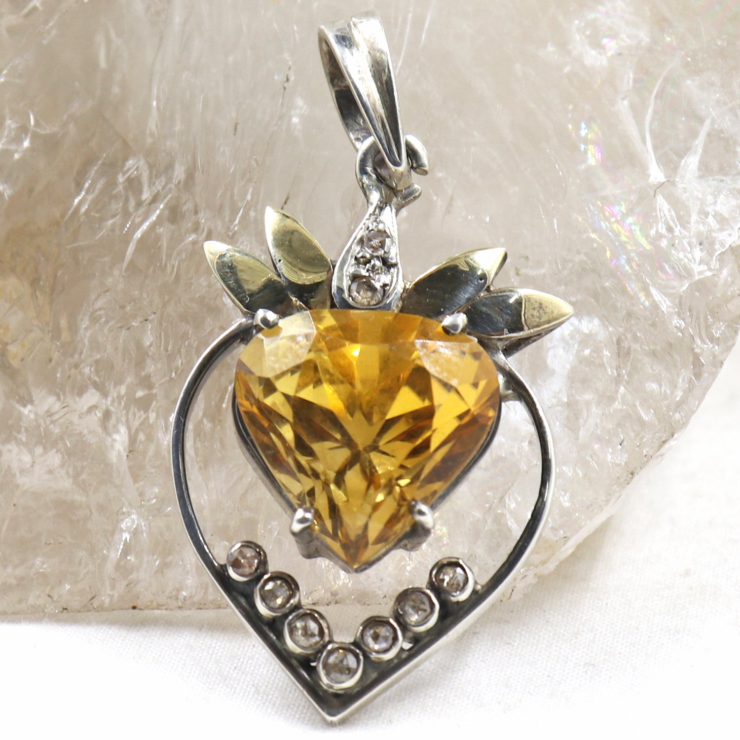 Natural Citrine Heart Cut Diamond 18k Gold Sterling Silver Pendant 0.42ct