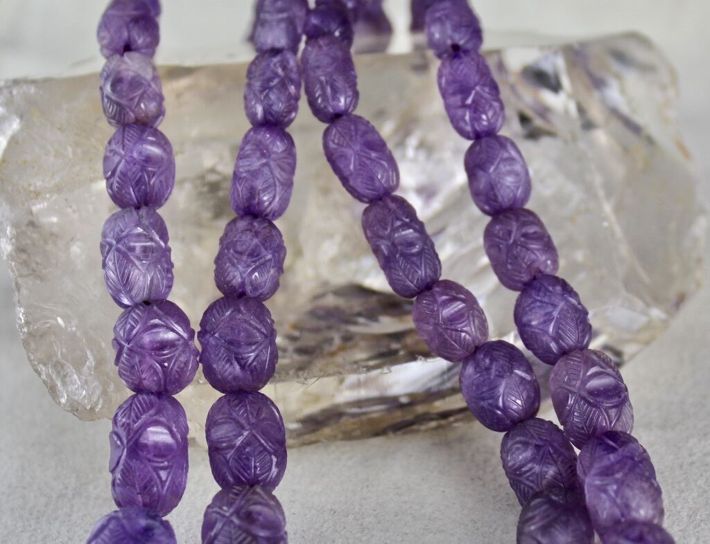NATURAL AMETHYST CARVED BEADS 2 LINE 608 CTS GEMSTONE NECKLACE WITH SILVER HOOK