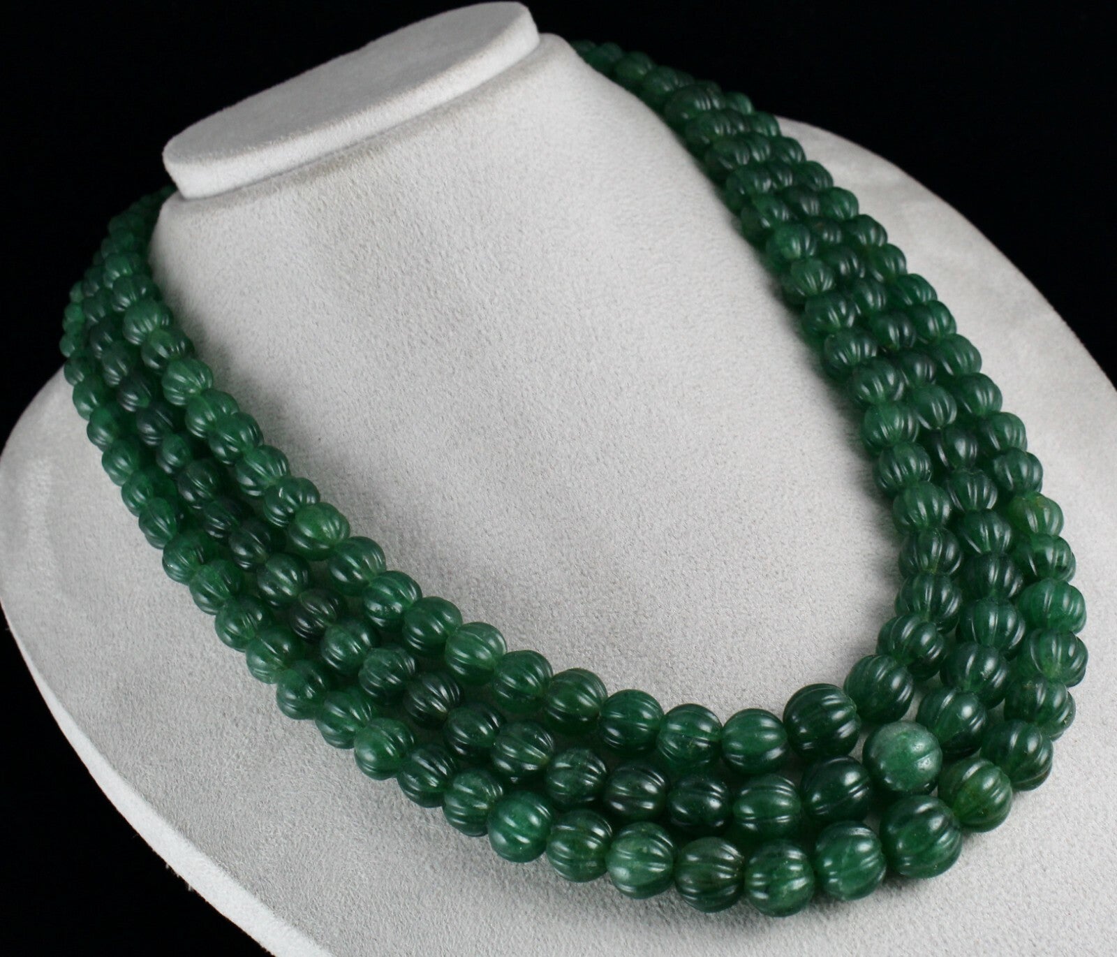 Emerald Green Quartz Melon Beaded Necklace 1486 Ct Carved Gemstone