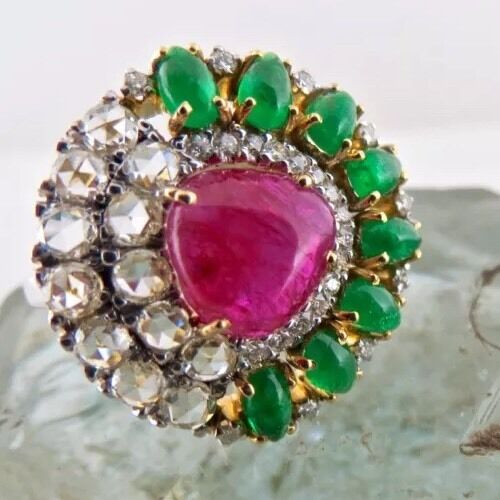 Natural Burma Ruby Zambia Emerald Cabochon White Diamond 18K Gold Statement Ring