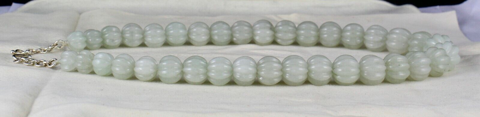 NATURAL INDIAN JADE MELON CARVED BEADS 1 L 828 CARATS GEMSTONE SILVER NECKLACE
