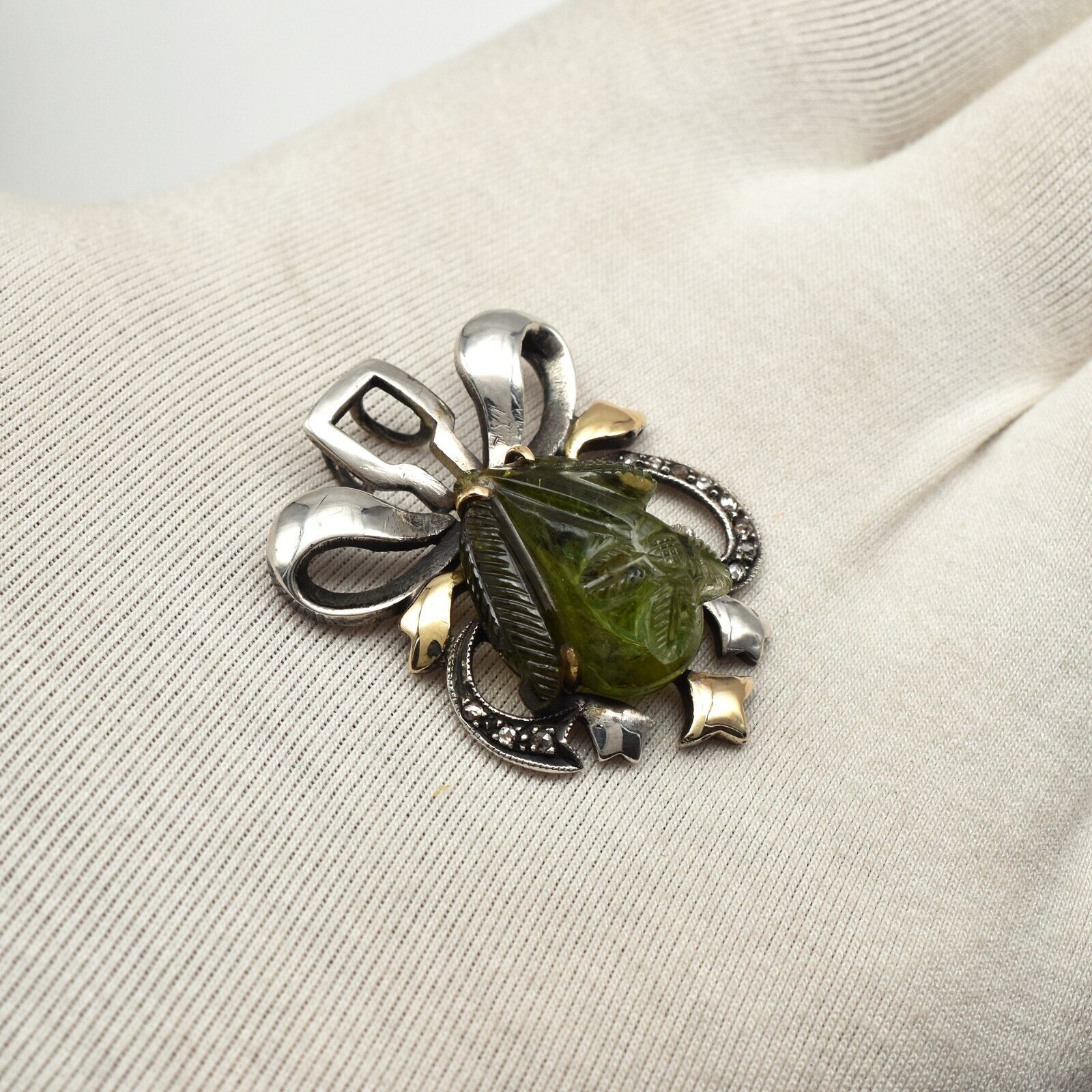 Vintage Natural Green Chrome Tourmaline Diamond Silver & Gold Victorian Pendant