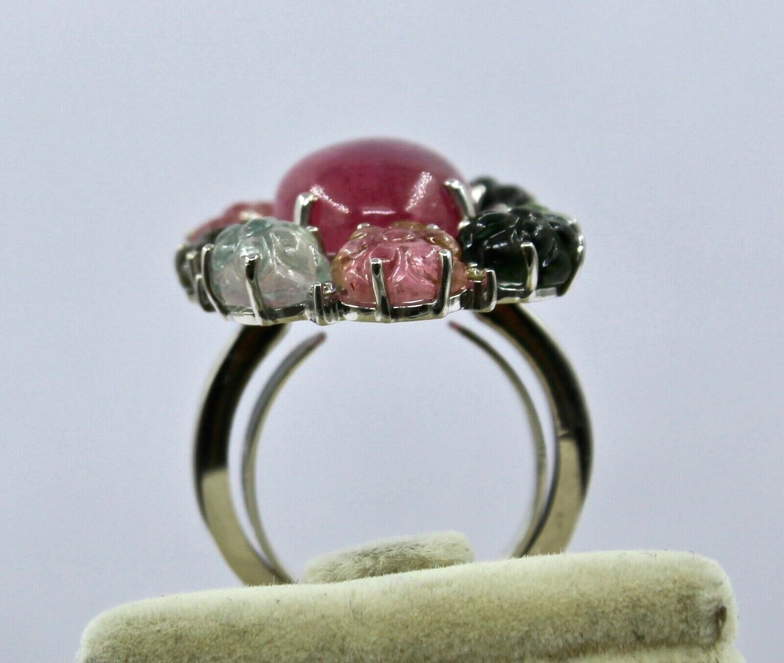 MULTI COLOR TOURMALINE CARVED FLOWER DIAMOND RING IN 925 STERLING SILVER