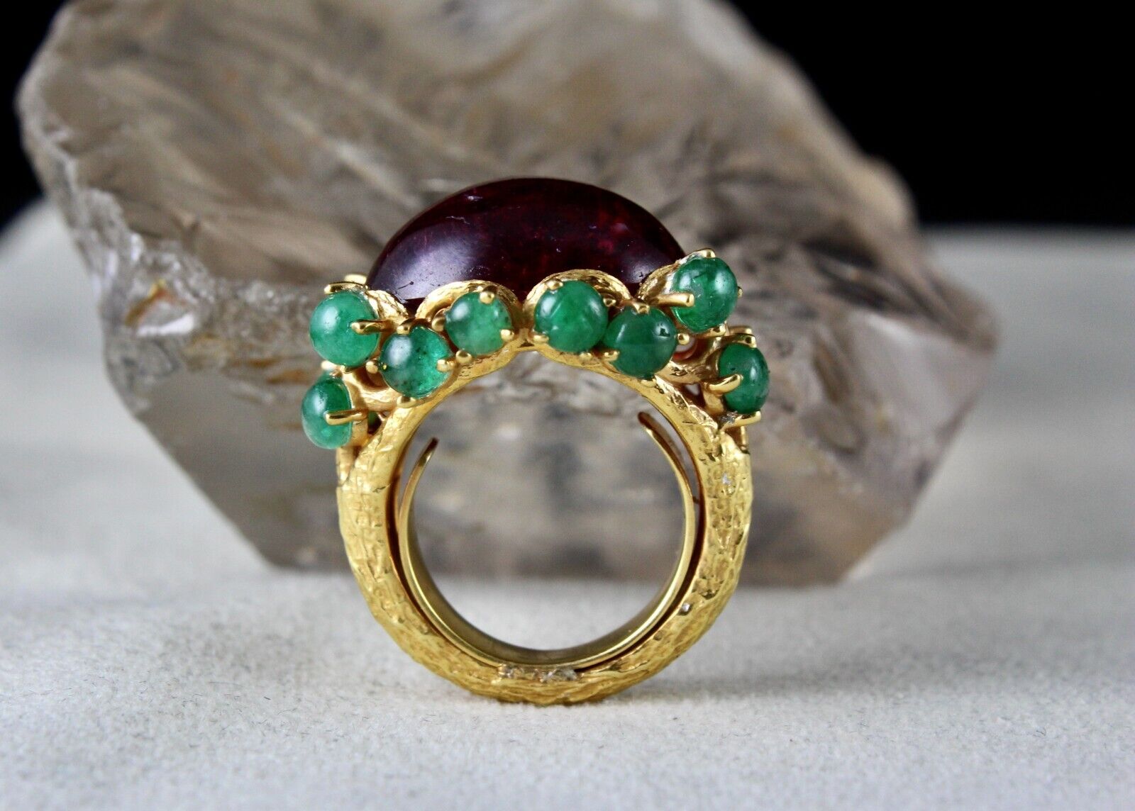 UNIQUE NATURAL PINK TOURMALINE EMERALD CABOCHON CARVED SILVER GOLD PLATED RING