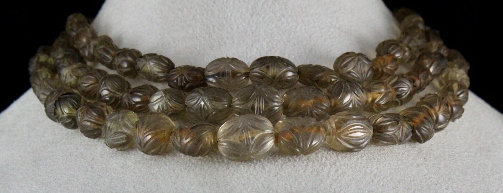 NATURAL SMOKY QUARTZ BEADS CARVED MELON 3 LINE 746 CARATS GEMSTONE NECKLACE