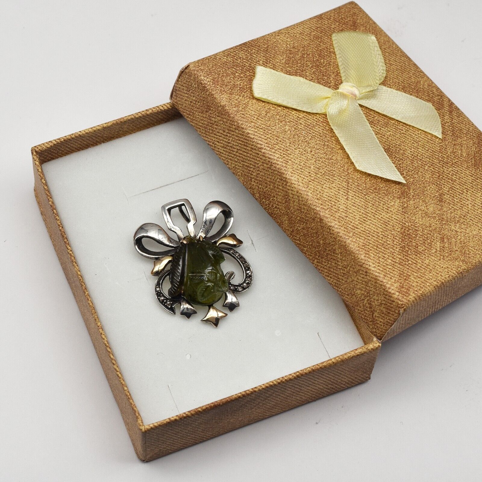 Vintage Natural Green Chrome Tourmaline Diamond Silver & Gold Victorian Pendant