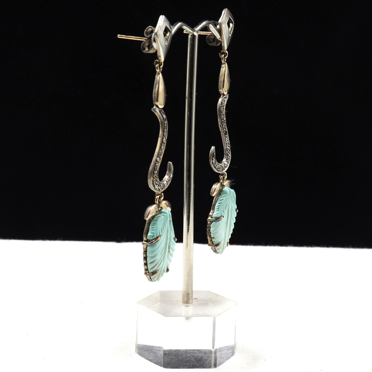 Turquoise Carved Leaves Diamond 18K Gold 925 Silver Victorian Gemstone Earring