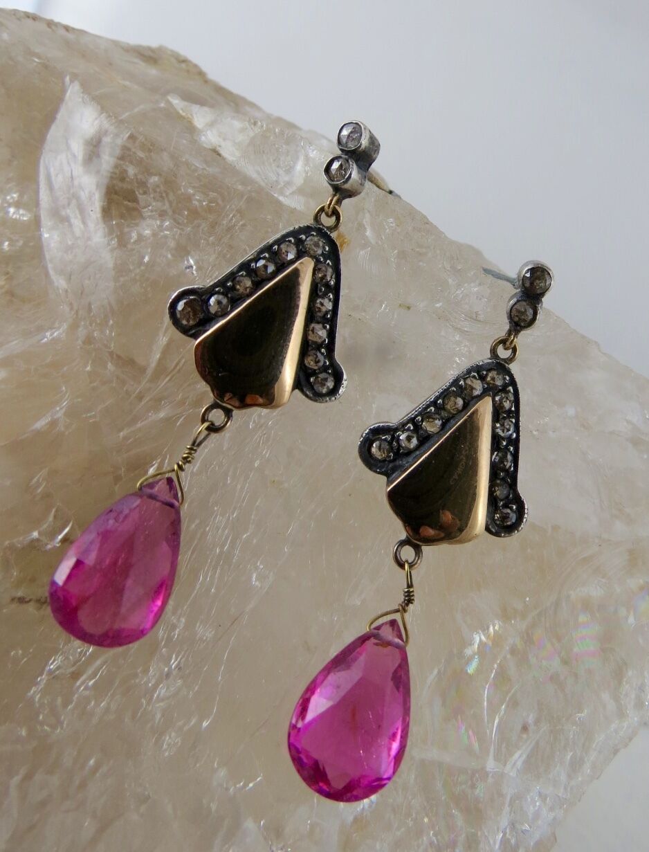 Silver Victorian Dangle Earring Studded Natural Pink Tourmaline Diamond 18k Gold